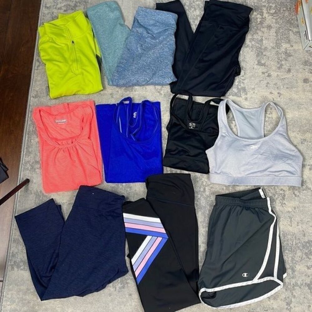 Lot of 10 Bulk Athletic Leggings Shorts Sports Bra Tank Tops Pullover Sz M